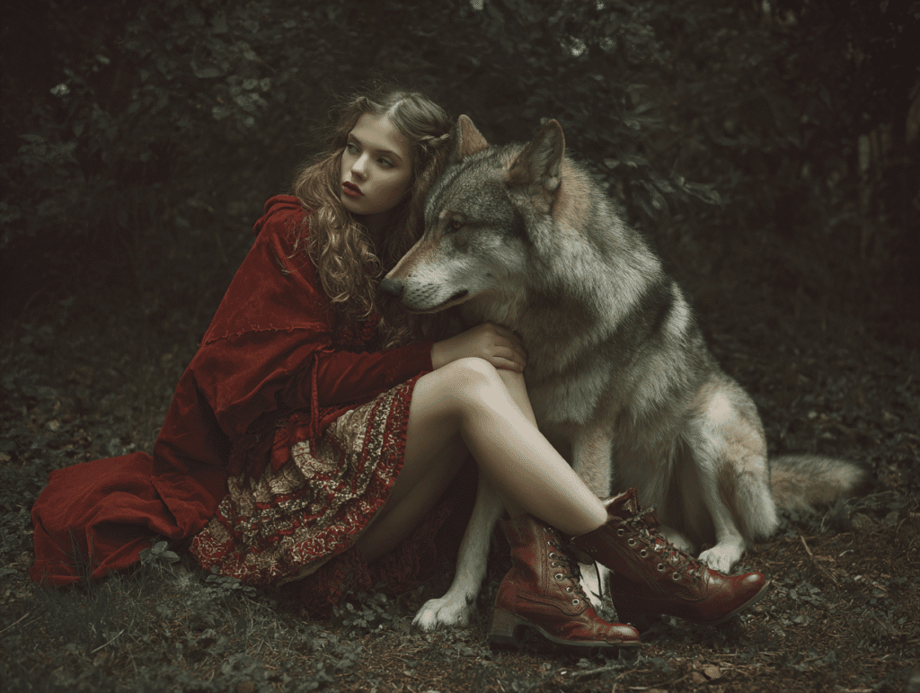 Little Red Riding Hood with a wolf in a dark forest — symbolizing feminine mystery, danger, and seductive depth
