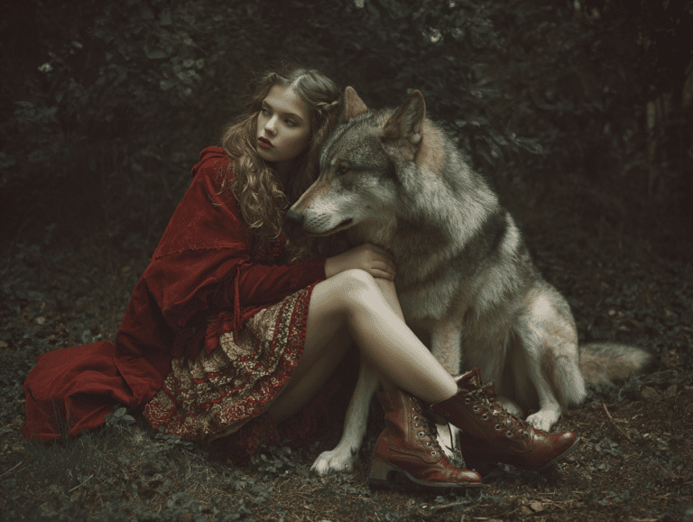 Little Red Riding Hood with a wolf in a dark forest — symbolizing feminine mystery, danger, and seductive depth
