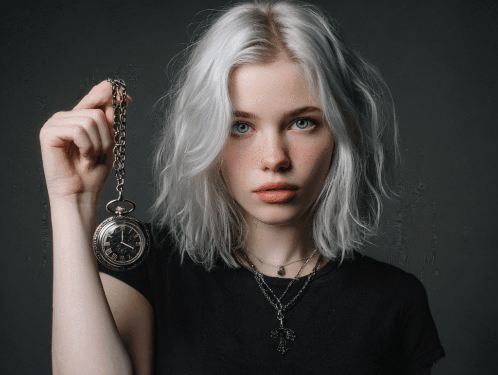 Alternative woman with silver hair using hypnotic pendulum for NLP seduction