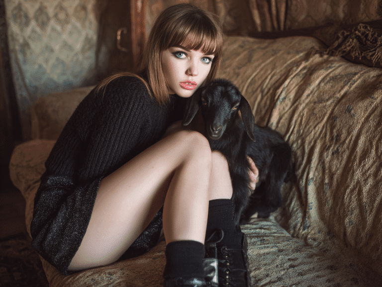 Mysterious young woman in black sweater holding a black goat on vintage sofa — symbolizing seductive power, darkness, and qualification dynamics.