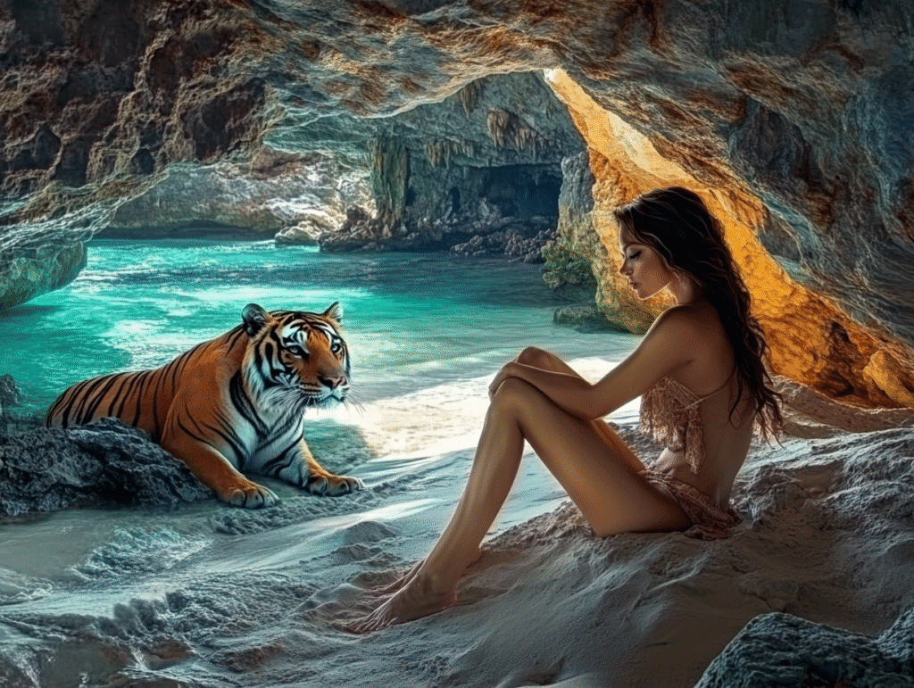 Woman in lace dress sitting in a sunlit tropical cave with a tiger beside turquoise water – symbolic fantasy scene of beauty and danger