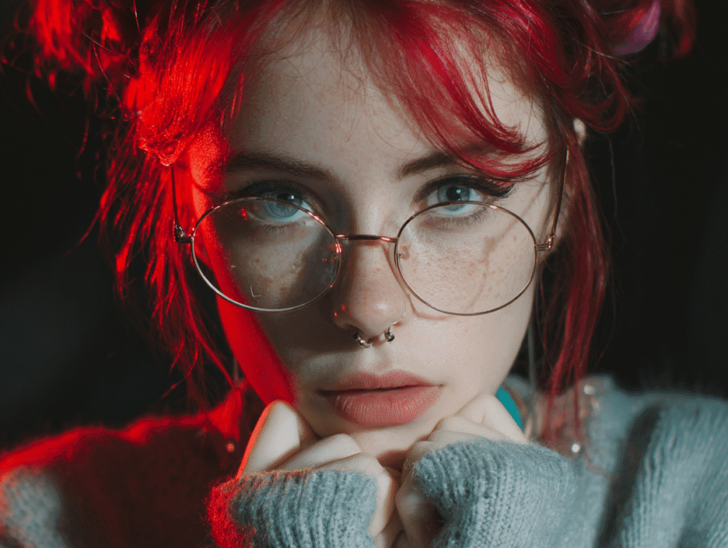Alternative young woman with red hair, glasses, and piercing blue eyes under red light, symbolizing rebellion, taboo, and women’s age gap fantasies