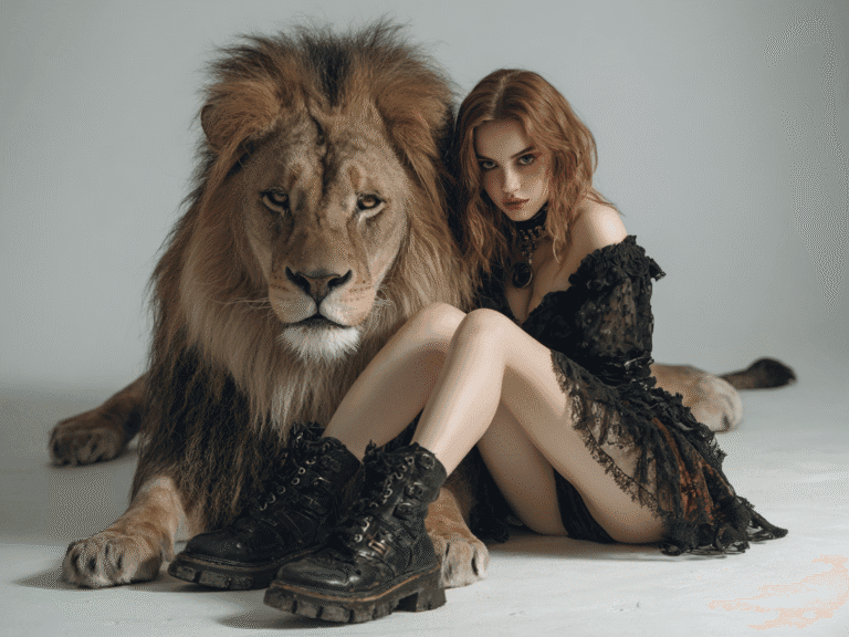 Gothic young woman in black lace dress sitting beside a majestic lion, symbolizing women’s age gap fantasies and the allure of older masculine power