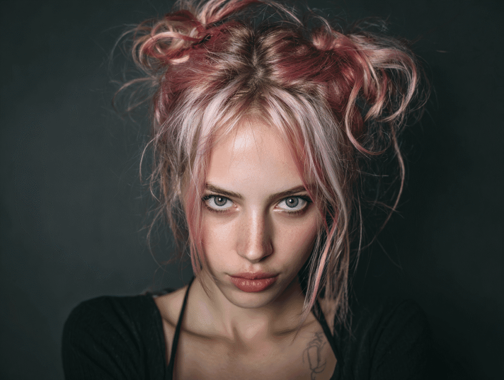 Rebellious young woman with pink hair and piercing eyes, symbolizing feminine allure, defiance, and the age gap romance fantasy dynamic