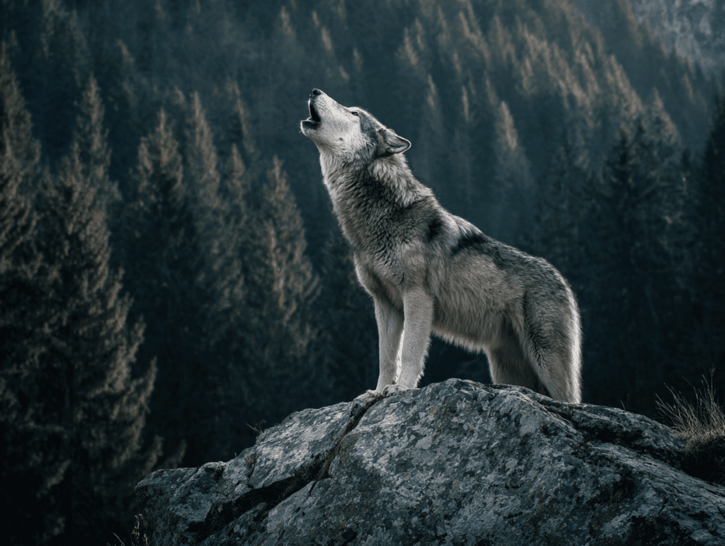Alpha wolf howling on a mountain rock — symbol of raw power, dominance, and presence in nature