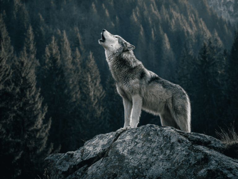 Alpha wolf howling on a mountain rock — symbol of raw power, dominance, and presence in nature