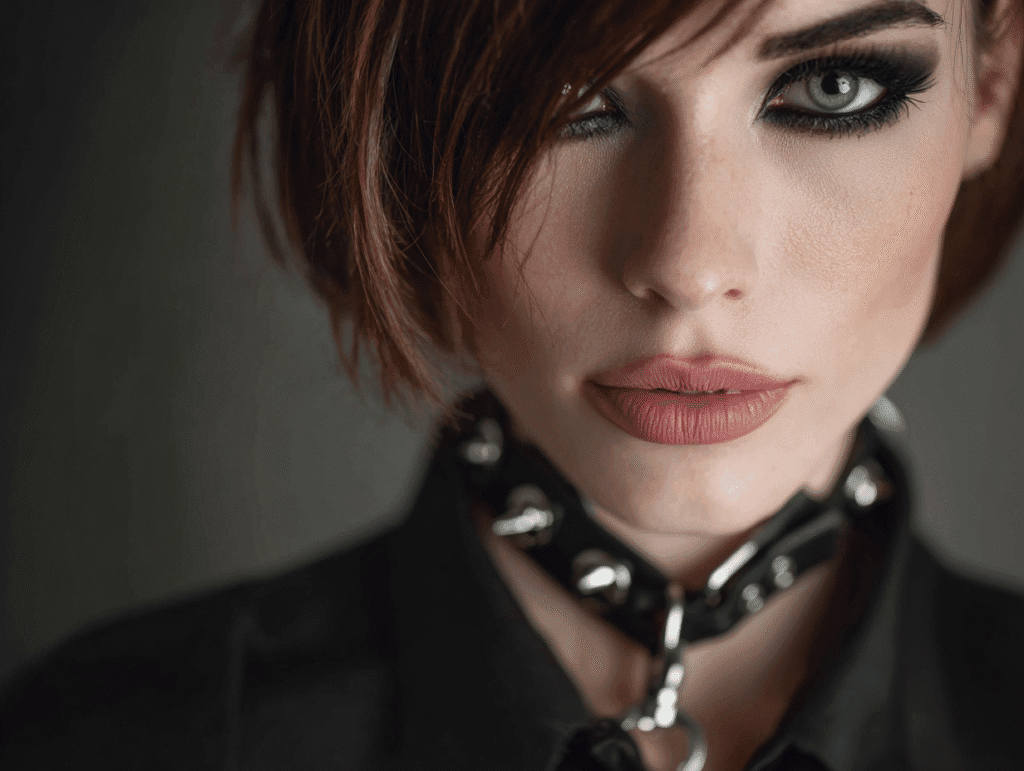 Beautiful woman with innocent look wearing a collar symbolizing forbidden desire and the erotic dark side