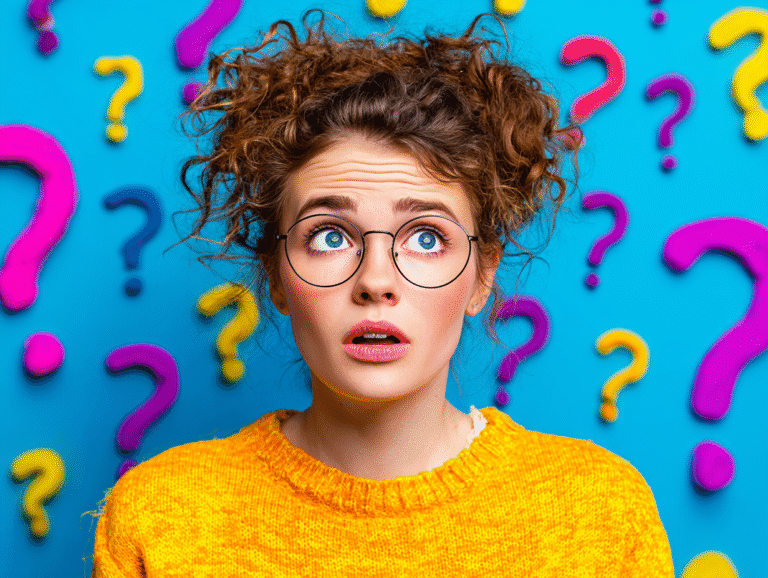 Confused alternative woman in yellow sweater surrounded by colorful question marks – symbolic of female hesitation and compliance testing in seduction
