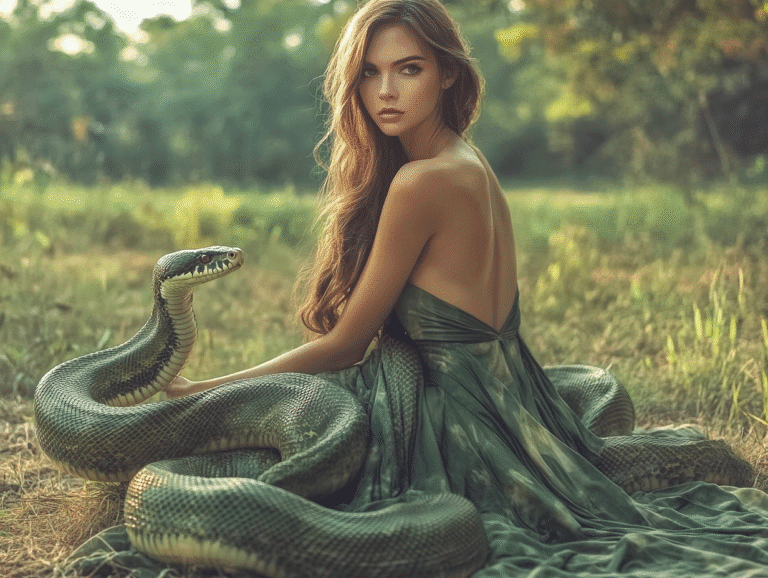 Mysterious woman in green dress with serpent — symbolic image of erotic intelligence and forbidden desire in nature