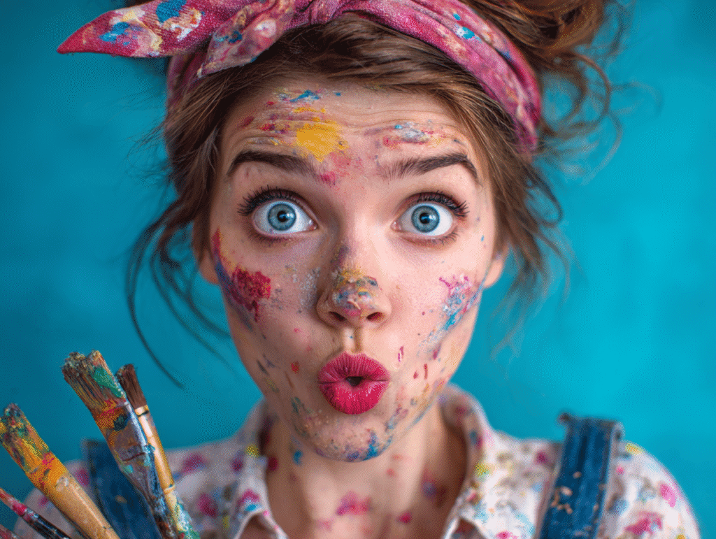 Expressive woman with colorful paint on her face, symbolizing erotic projection, imagination, and the seductive power of interpretation