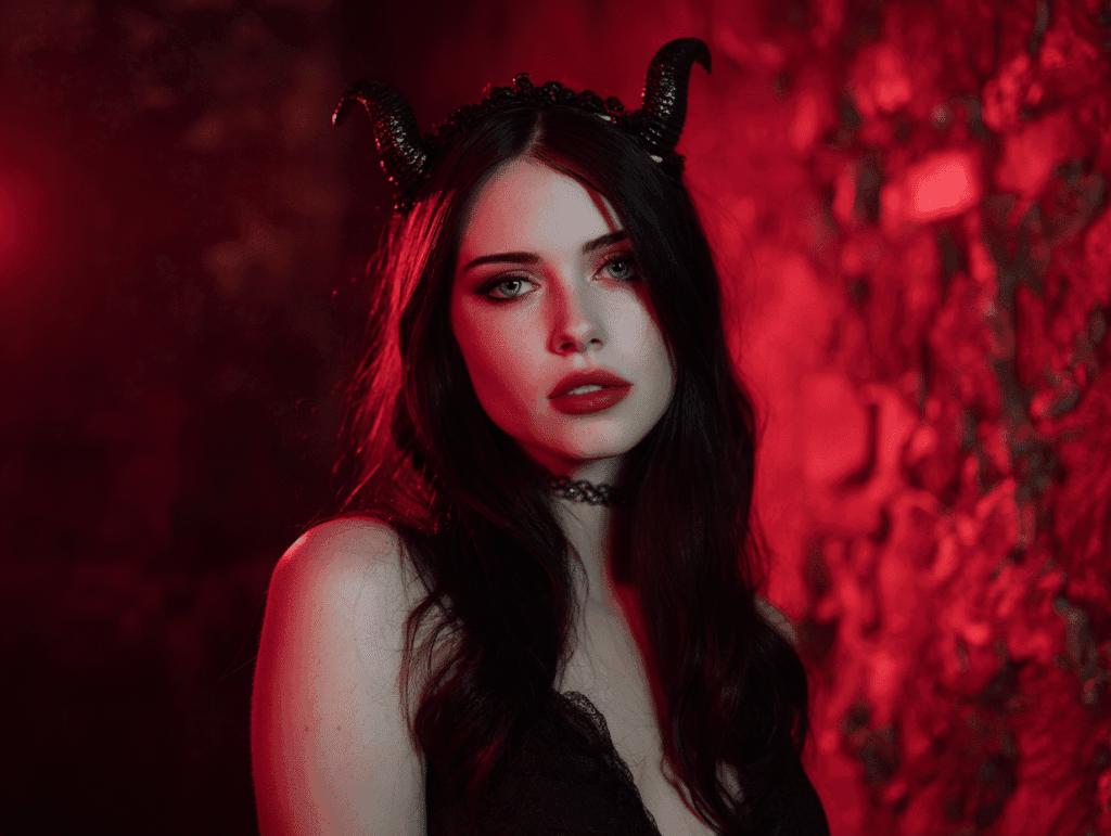 Dark gothic woman with devil horns in red light symbolizing erotic triggers of the feminine shadow and forbidden desire