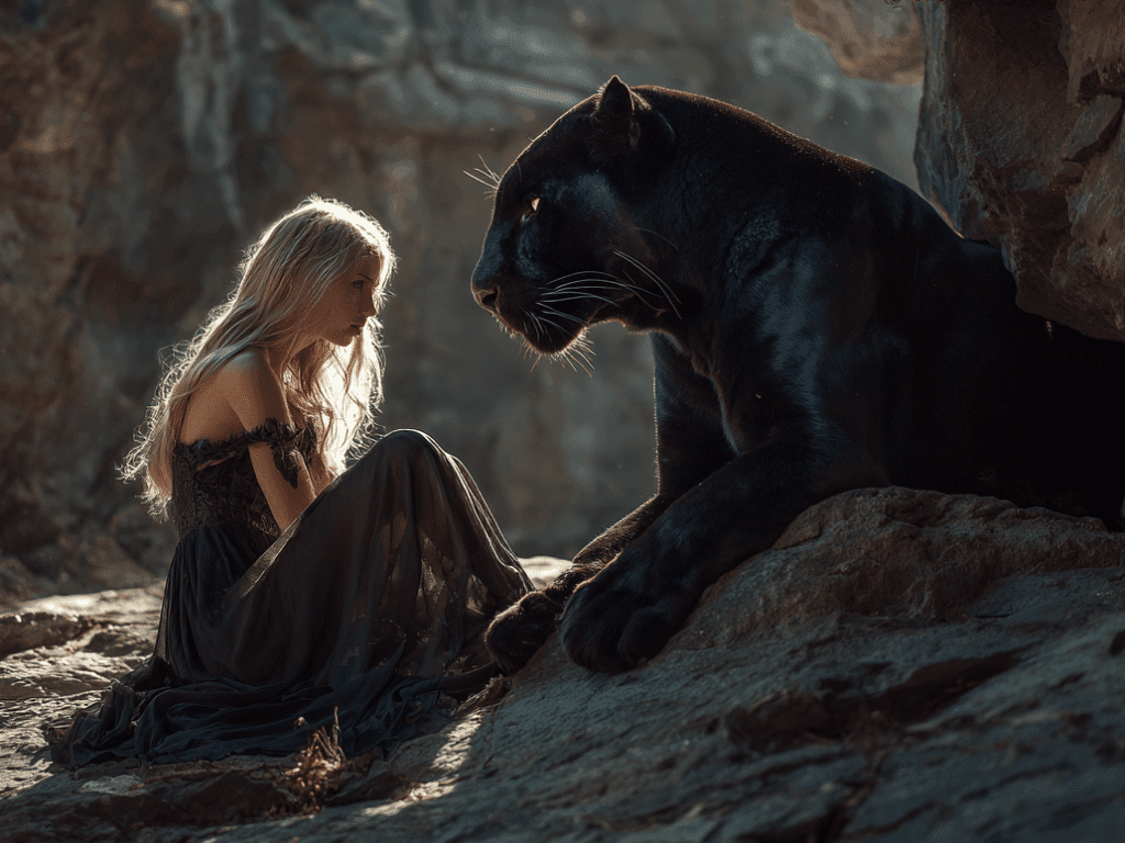 Blonde woman in black gothic dress sitting beside a black panther in a rocky cave, symbolizing dominance, feminine power, and primal connection.