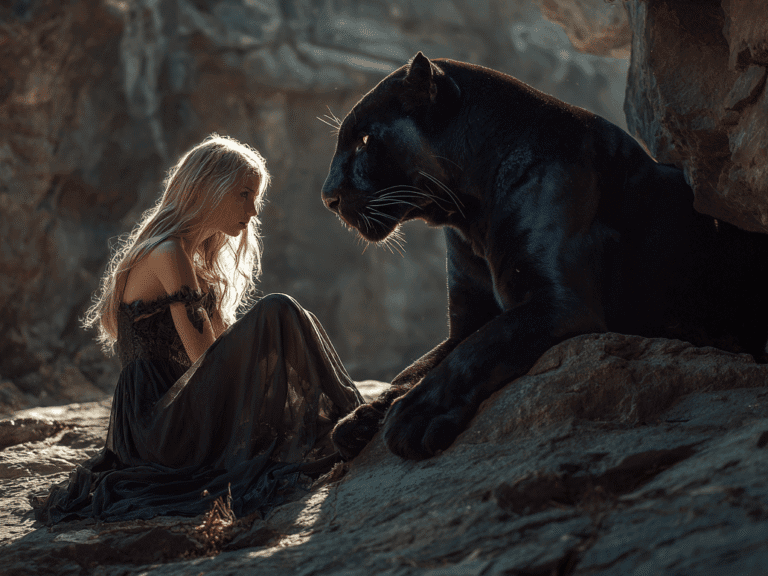 Blonde woman in black gothic dress sitting beside a black panther in a rocky cave, symbolizing dominance, feminine power, and primal connection.