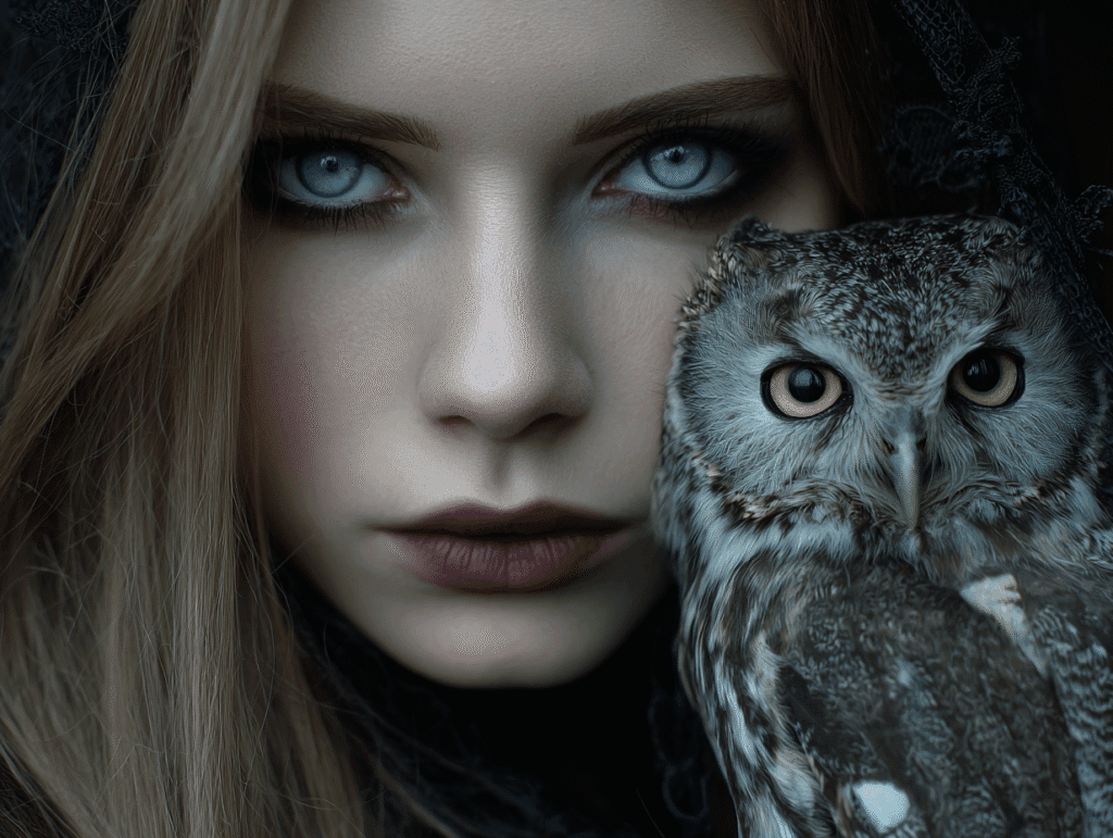 Mysterious gothic woman with piercing blue eyes and owl, symbolizing depth, allure, and the psychology of mystery