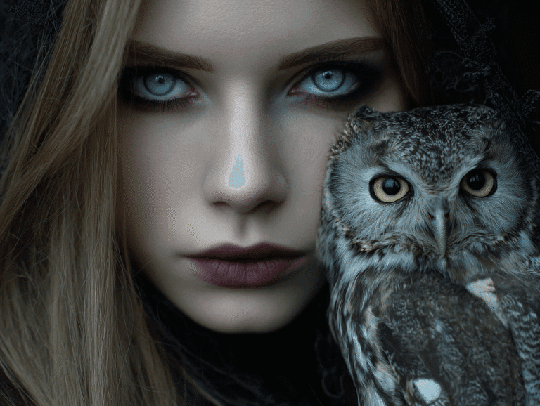 Mysterious gothic woman with piercing blue eyes and owl, symbolizing depth, allure, and the psychology of mystery