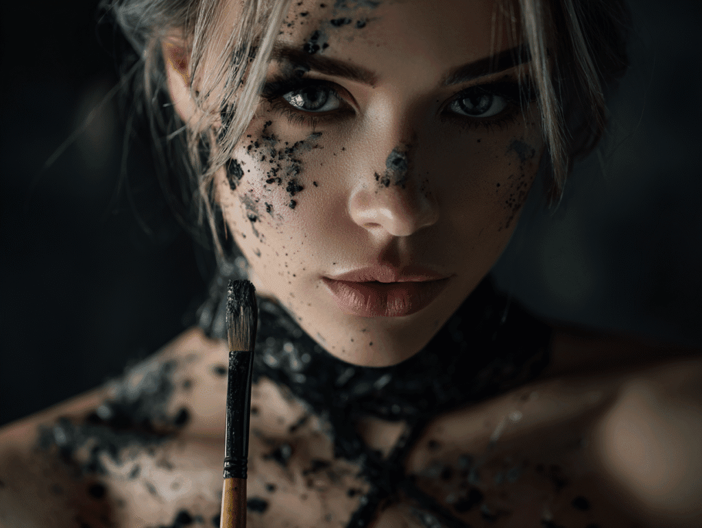 Mysterious woman with paint and brush on her face symbolizing projection, imagination, and the art of feminine shadow desire