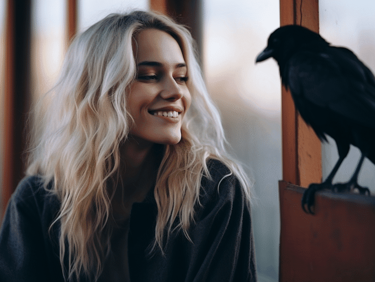 Beautiful blonde woman smiling at a crow — symbolic tension, eye contact, mystery