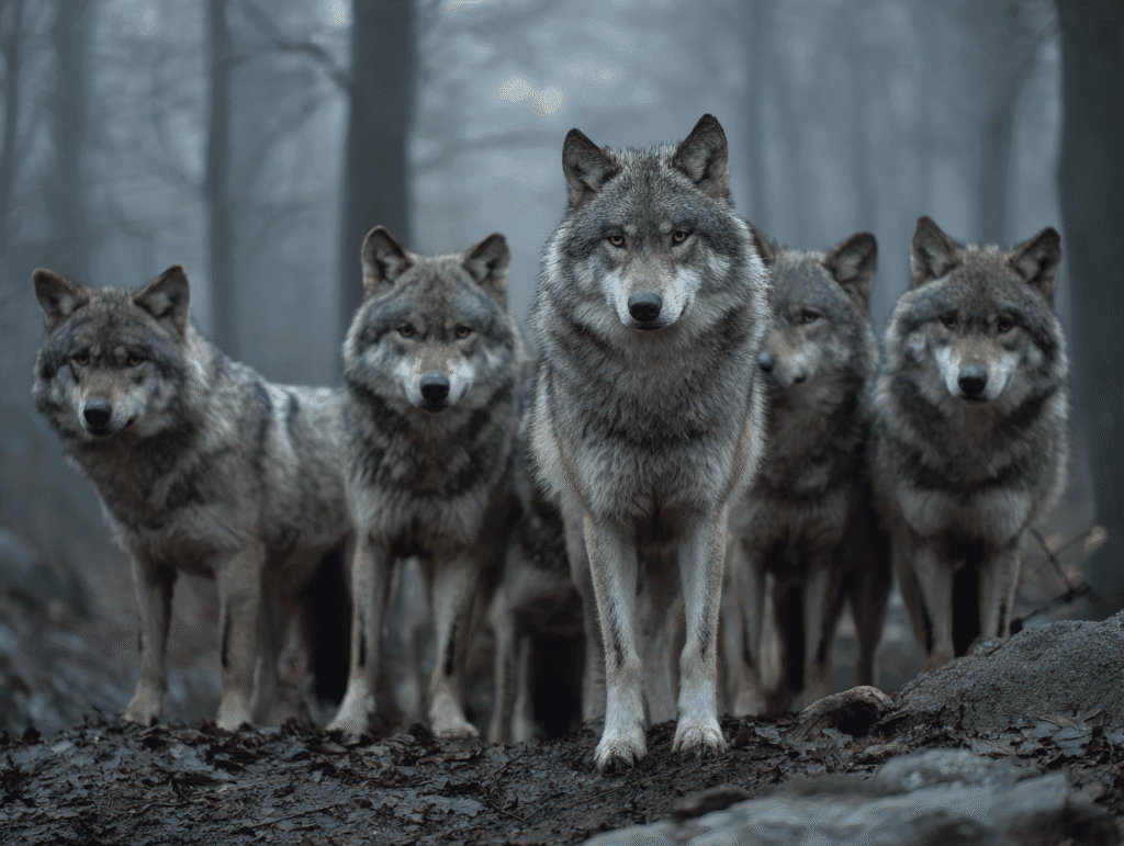 Alpha wolf leading a pack in a misty forest, symbolizing dominance and hierarchy in status dynamics