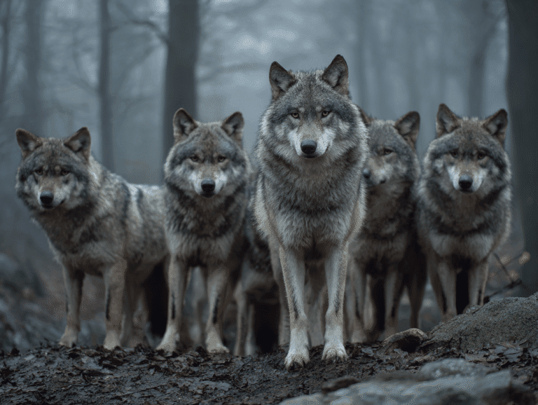 Alpha wolf leading a pack in a misty forest, symbolizing dominance and hierarchy in status dynamics