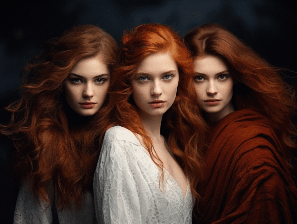 Three beautiful red-haired women standing together, gazing intensely at the viewer, symbolizing female attention and desire in social proof and seduction