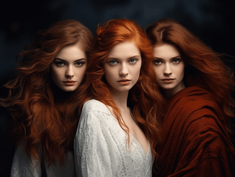 Three beautiful red-haired women standing together, gazing intensely at the viewer, symbolizing female attention and desire in social proof and seduction