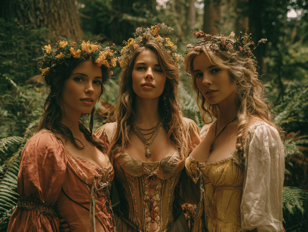 Three beautiful women in floral crowns and medieval-style dresses stand in a lush forest, radiating calm and sensual presence — symbolizing inner and outer harmony in seduction.