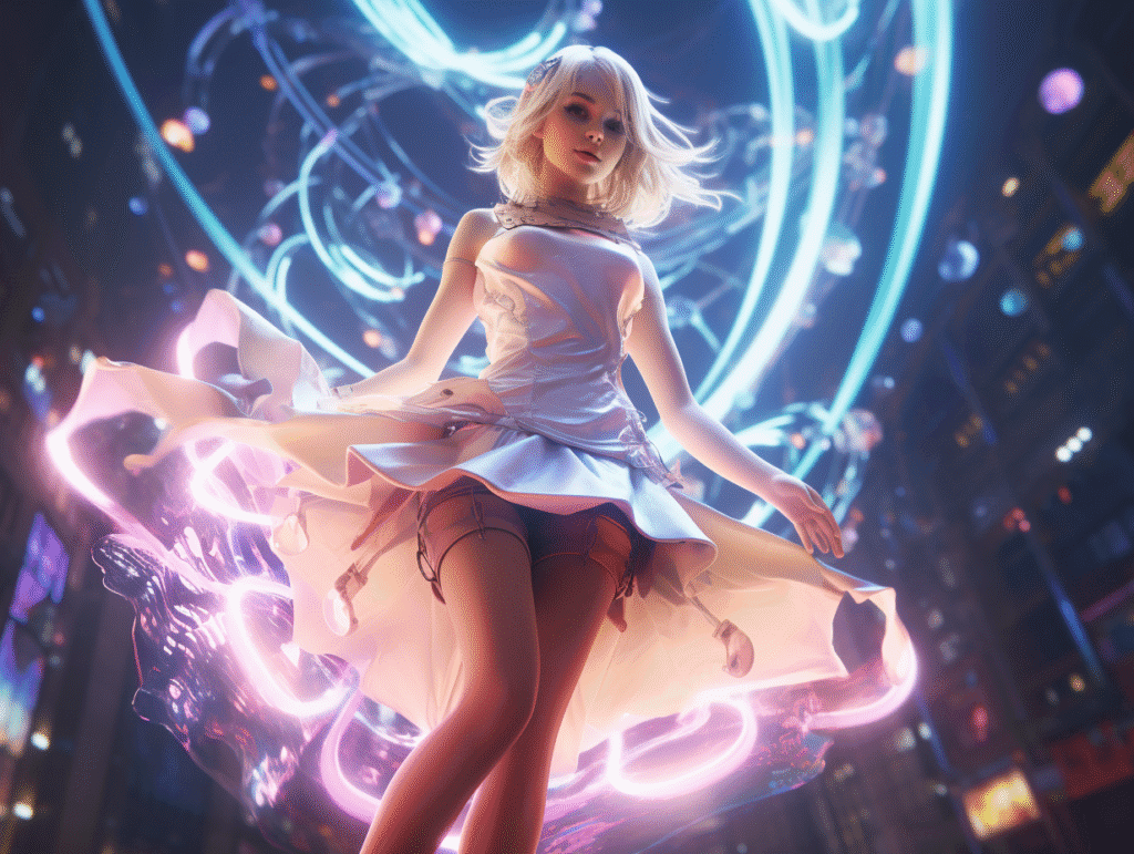 A stylized, futuristic depiction of a beautiful girl in a flowing skirt, surrounded by neon lights and abstract energy patterns in a cityscape at night