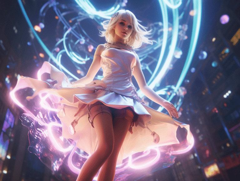 A stylized, futuristic depiction of a beautiful girl in a flowing skirt, surrounded by neon lights and abstract energy patterns in a cityscape at night