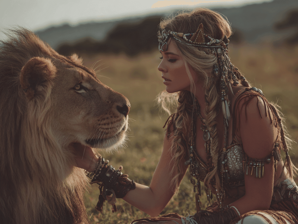 A beautiful tribal-styled woman stares into the eyes of a majestic male lion in a sunlit savannah, symbolizing the tension between closeness and untamed power
