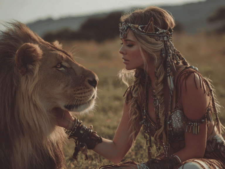 A beautiful tribal-styled woman stares into the eyes of a majestic male lion in a sunlit savannah, symbolizing the tension between closeness and untamed power