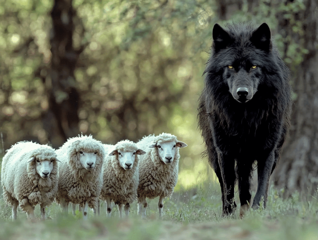 A black wolf standing among white sheep in a forest, symbolizing covert manipulation and hidden danger — inspired by In Sheep’s Clothing book themes