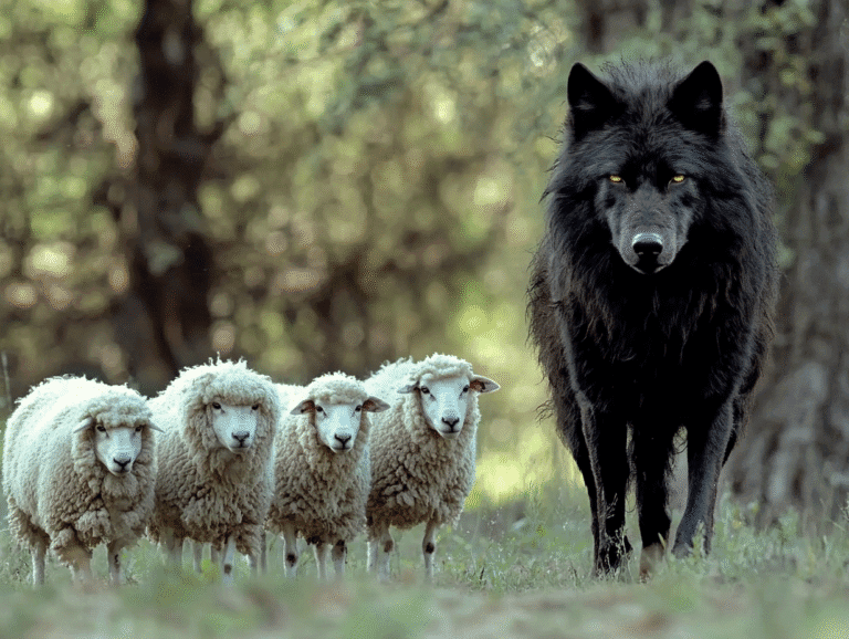 A black wolf standing among white sheep in a forest, symbolizing covert manipulation and hidden danger — inspired by In Sheep’s Clothing book themes