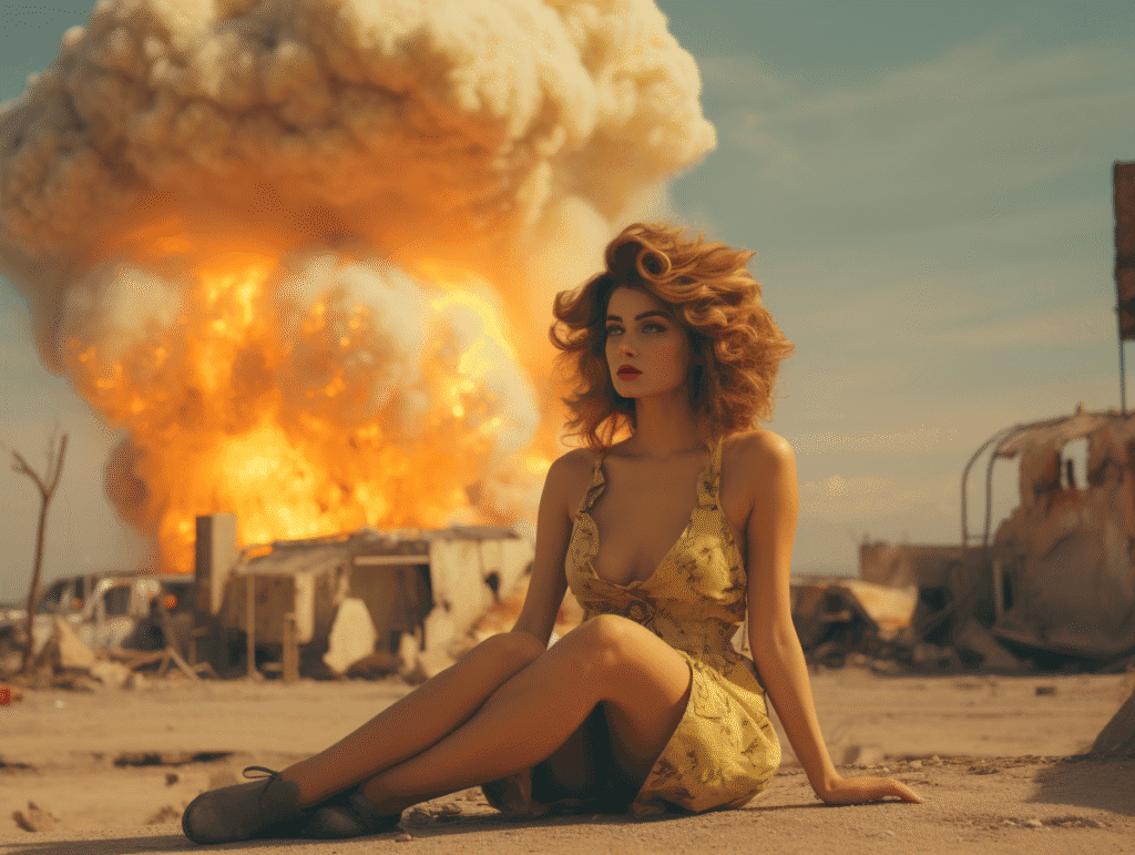 Glamorous woman in a yellow dress sitting calmly in a desert wasteland as a massive explosion erupts behind her — symbolic of emotional detachment and sexual power