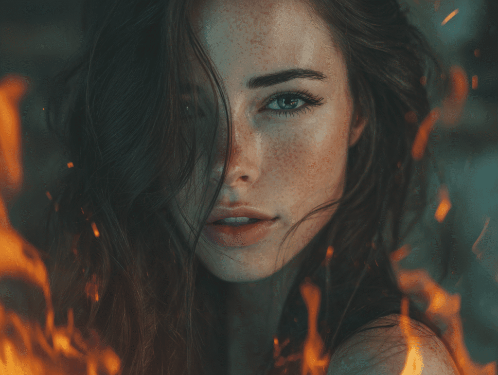 Beautiful woman’s face surrounded by flames — symbolizing the transition from subtle attraction to intense desire in indirect game seduction.