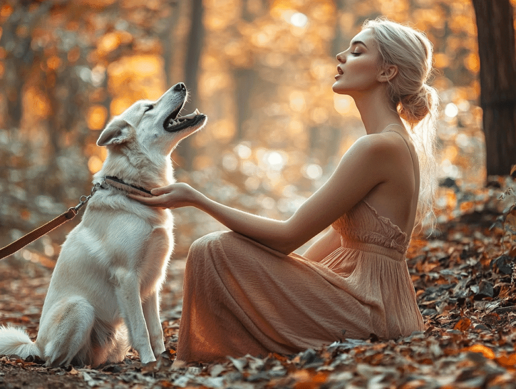 Beautiful woman training a white dog in an autumn forest, symbolizing reward and behavior shaping