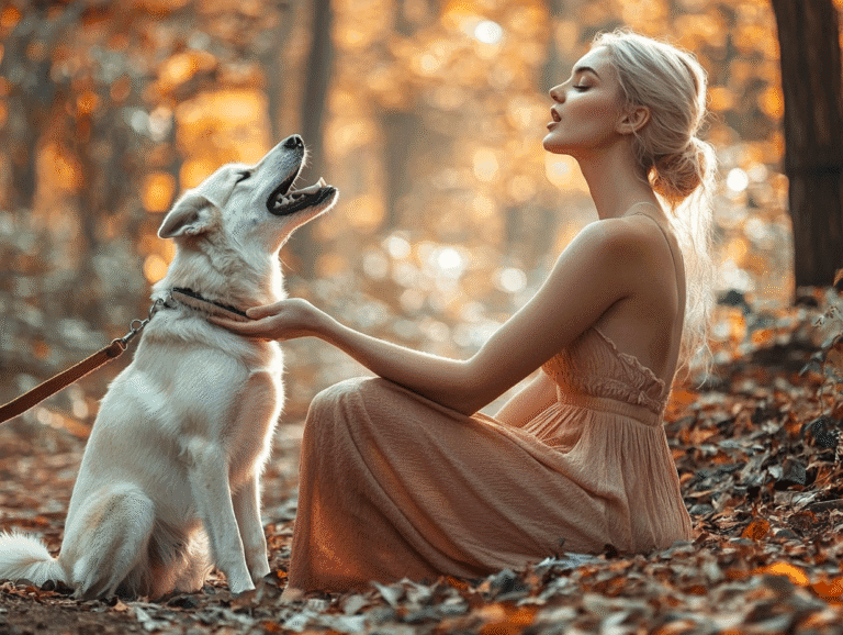 Beautiful woman training a white dog in an autumn forest, symbolizing reward and behavior shaping