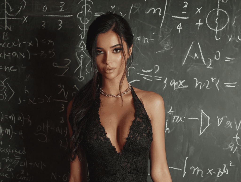 Beautiful woman standing in front of a chalkboard with math symbols — representing the psychology and tactics behind indirect game in seduction.