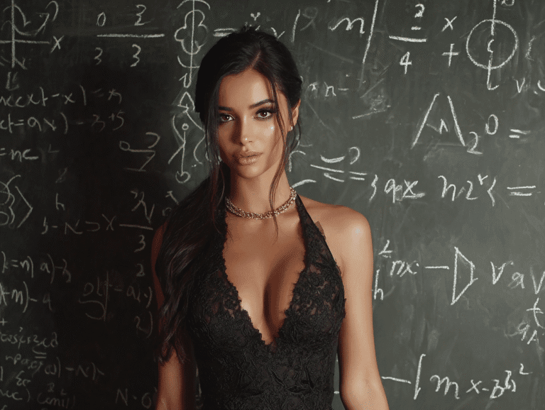Beautiful woman standing in front of a chalkboard with math symbols — representing the psychology and tactics behind indirect game in seduction.