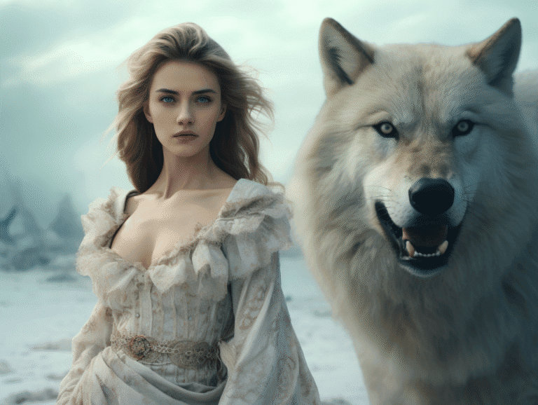 Woman with white wolf in snowy landscape, symbolizing repressed masculinity and primal attraction in the Nice Guy dynamic