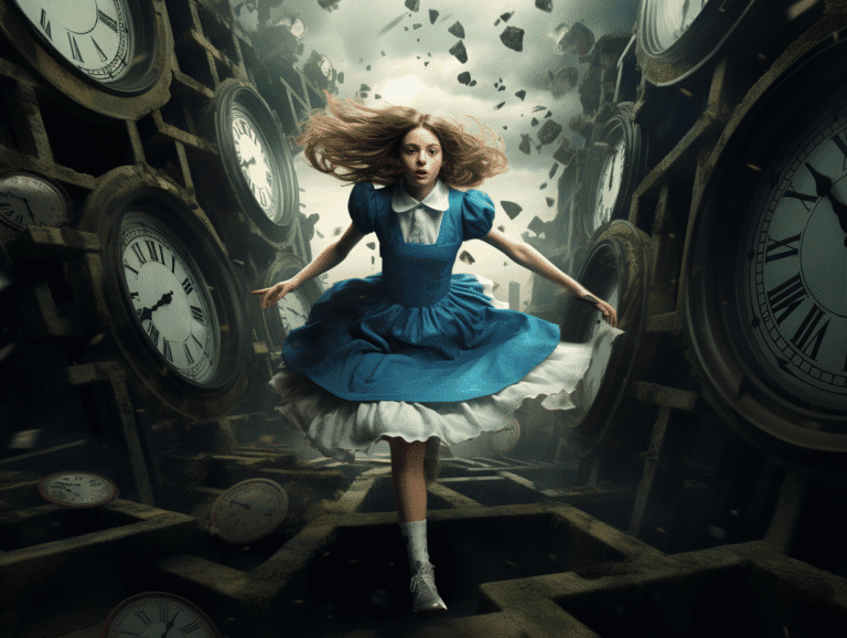 Alice in Wonderland running through a surreal maze of floating clocks, representing a deep diving metaphor into time, emotion, and seductive conversation