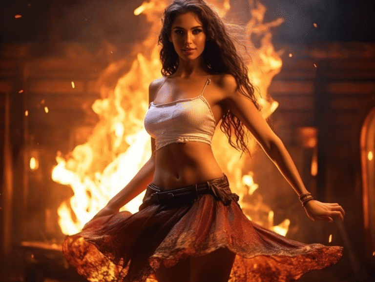 Attractive woman dancing in front of fire, radiating confidence and preselection in dating context