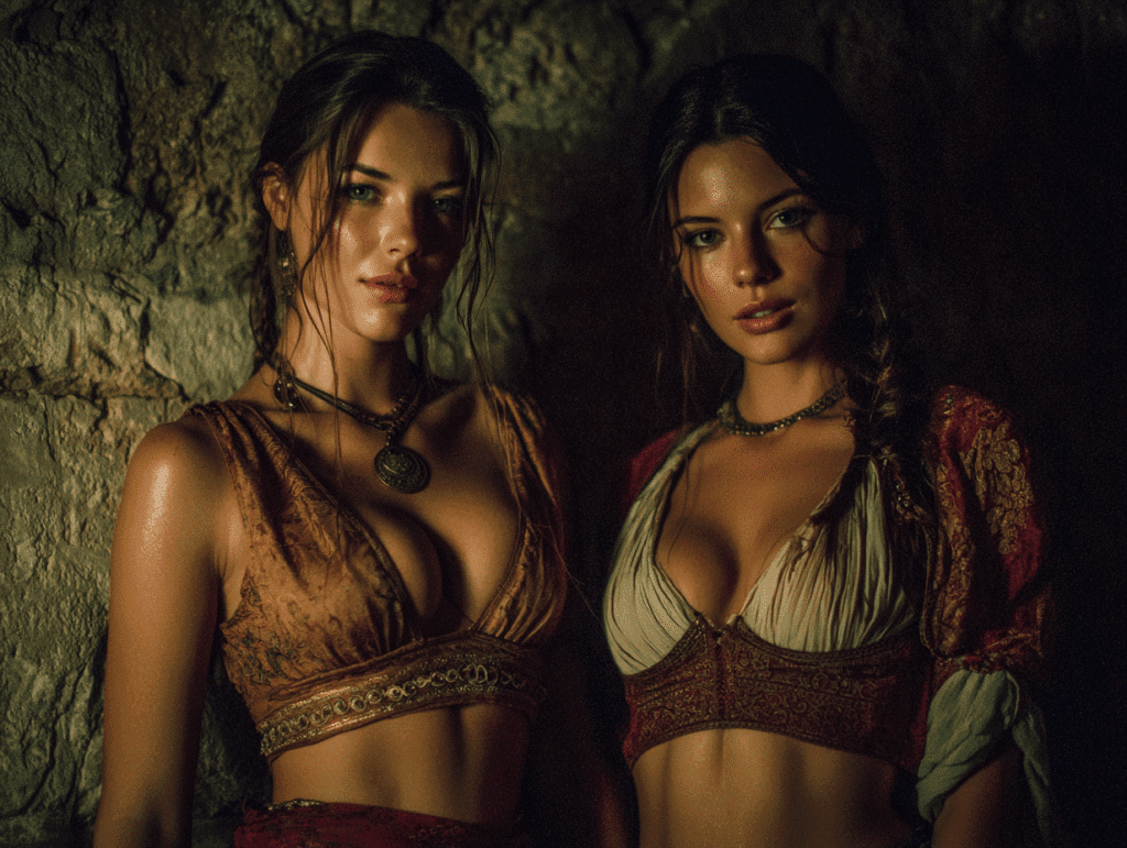 Two beautiful women in revealing medieval-style clothing stand in a dimly lit cave, gazing directly with seductive confidence — symbolizing the visual fundamentals of attraction