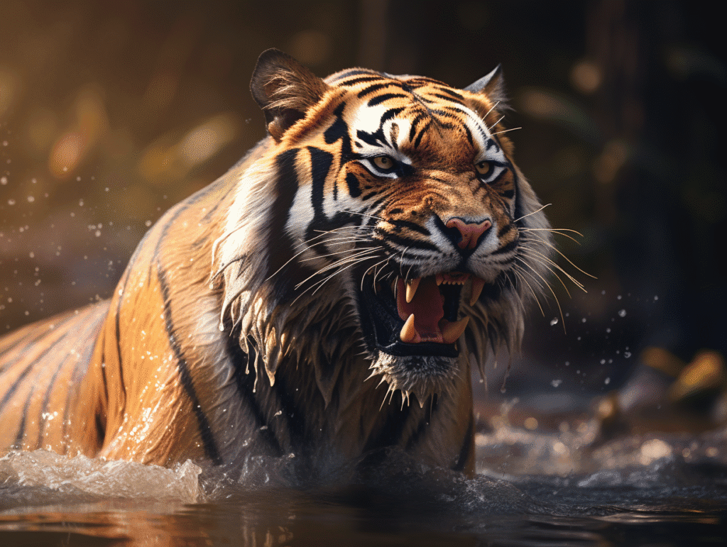 Roaring Bengal tiger emerging from water in cinematic lighting, symbolizing power, resonance, and voice transformation