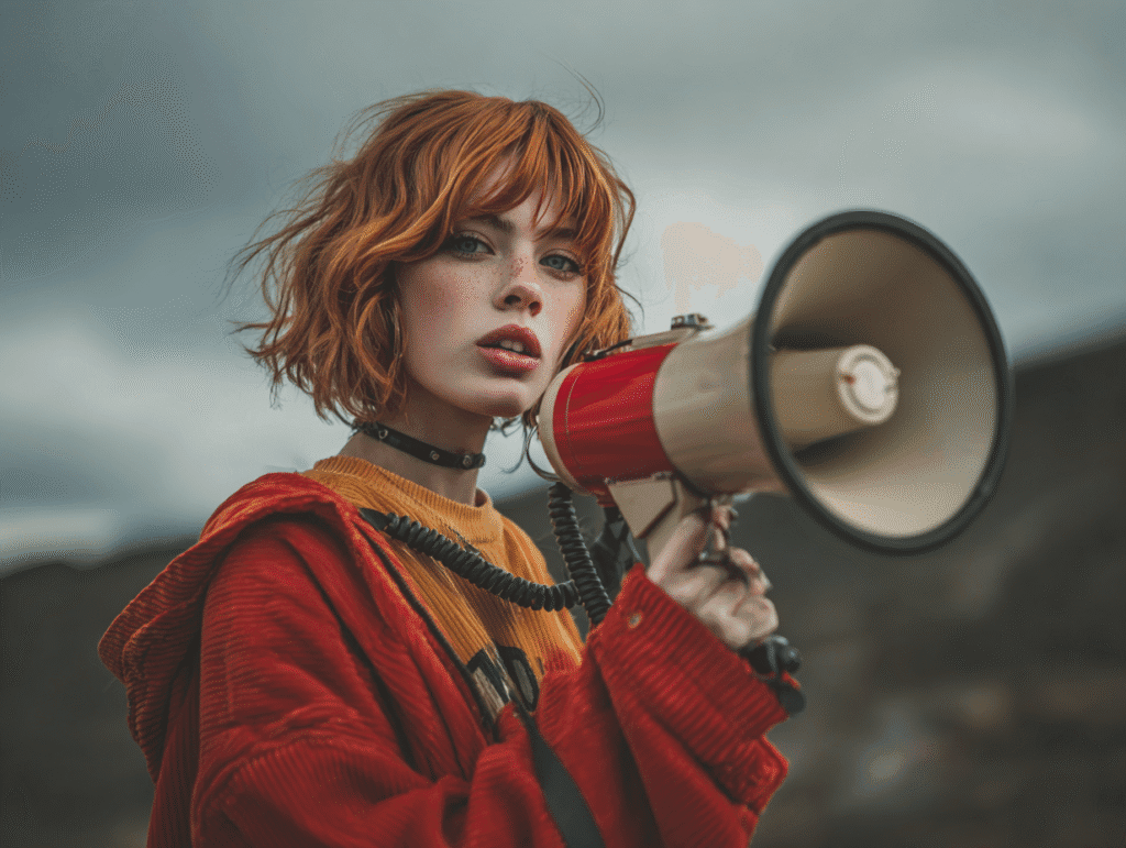 Confident young woman with red hair speaking through megaphone, symbolizing strong voice projection and vocal power