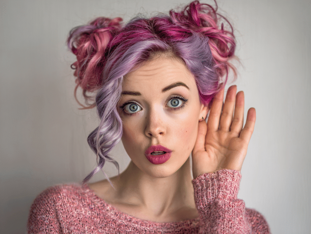 Surprised young woman with colorful pink and purple hair listening closely with hand near ear, symbolizing voice, attention, and communication