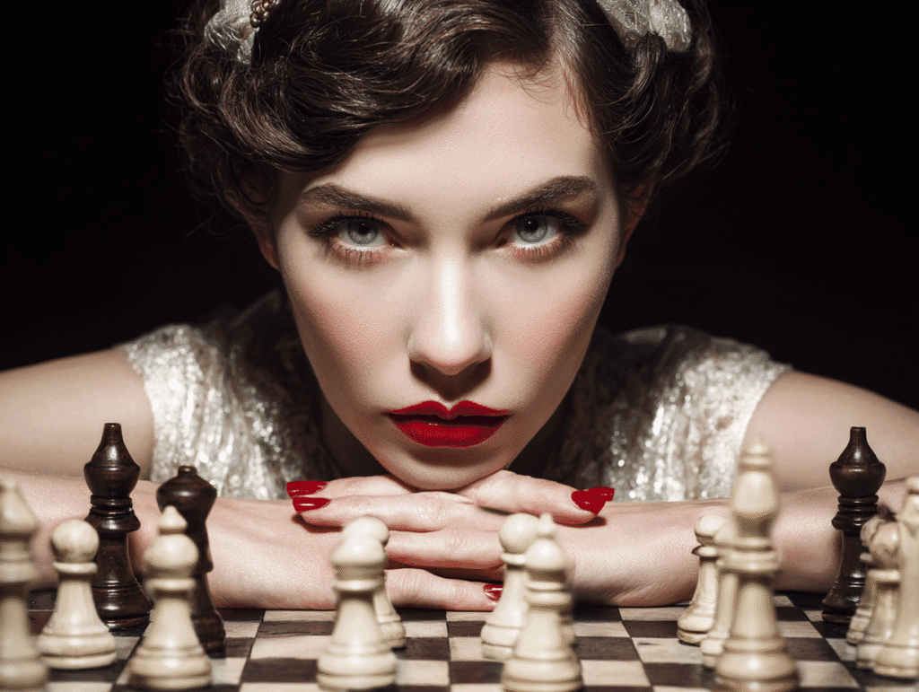 Seductive woman in red lipstick planning chess strategy — symbol of psychological seduction and strategic allure