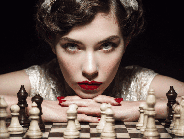 Seductive woman in red lipstick planning chess strategy — symbol of psychological seduction and strategic allure