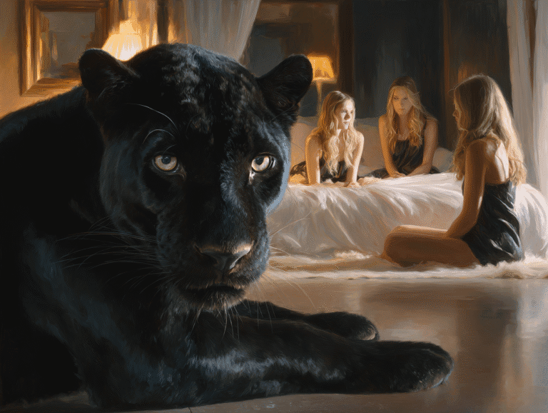 Black panther symbolizing silent power and social dominance in front of intrigued women