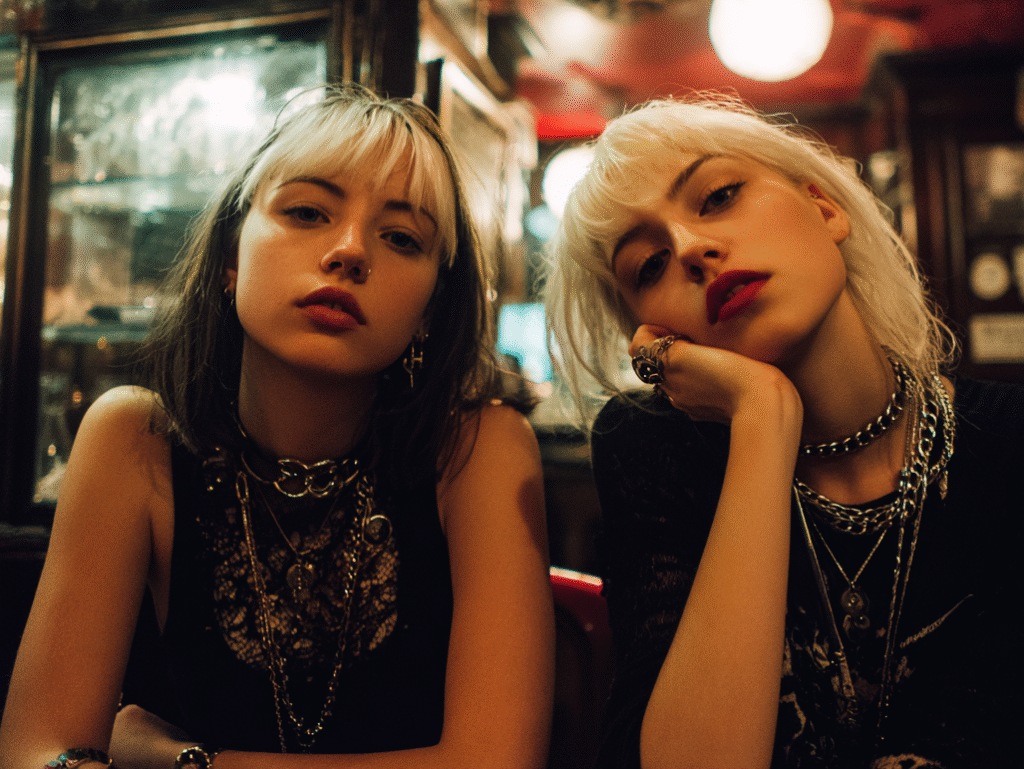 Two alternative women with bold makeup and layered jewelry holding direct eye contact with the camera in a dimly lit bar