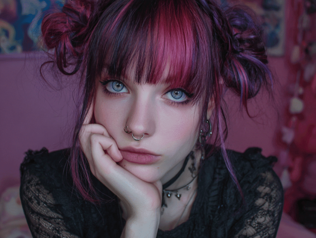 Young woman with striking blue eyes making direct eye contact, styled with pink and purple hair, nose piercing, and alt-goth fashion — perfect example of intense gaze for eye contact basics